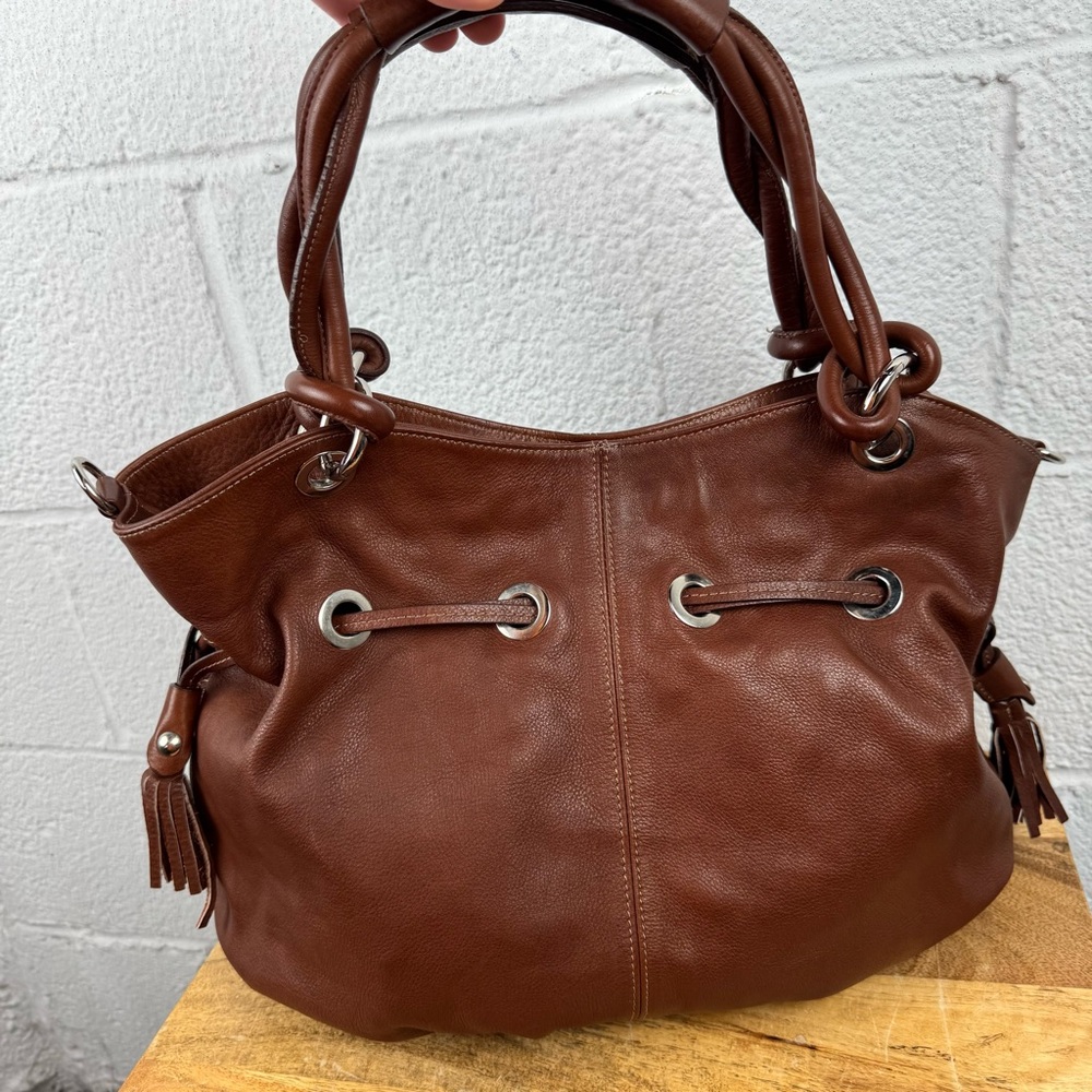 J. Peterman Brown Leather Drawstring Satchel Shoulder Bag
